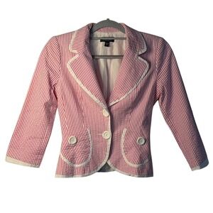 Bebe Blazer Pink White Seersucker Striped Cropped 3/4 Sleeve Jacket Size 0 Women